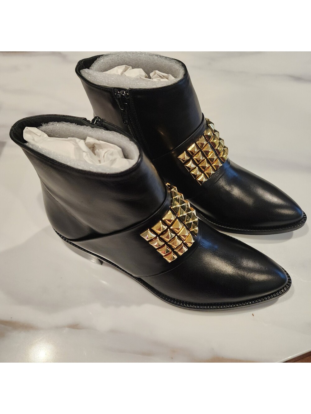 NIB Jon Josef Black Leather Gold Studded Pointed Toe Ankle Boots Booties 6